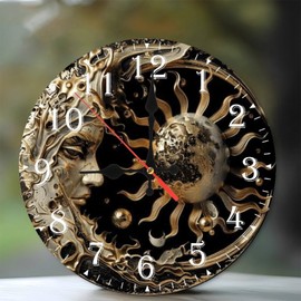 Lancholy 10-Inch Silent Wooden Wall Clock, Gold Celestial Clock Face Sun Moon ” Silent Non-Ticking Clock, Battery Operated (AA Batteries Not Included), Artistic Home Decor