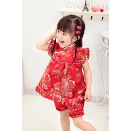 SZCQ Little Girl Chinese Qipao Dress Suit Traditional Cheongsam Top + Pant Baby Girls New Year Costumes Peony Red L
