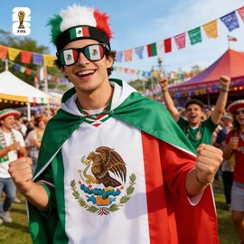 3 Piezas Kit de Apoyo para Fanáticos de México Copa Mundial FIFA 2026,Incluye 1 PCS Rebozo con Sombrero 90X150cm y 1 PCS Peluca Fanático México y 1 PC