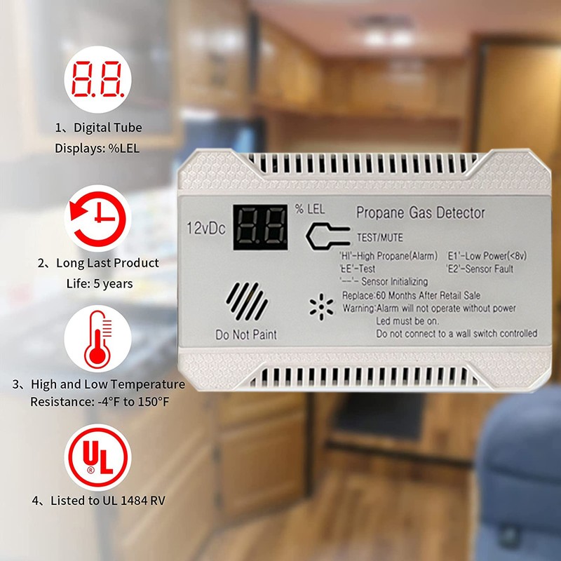 RV Propane Gas Detector 85dB Loud Alarm DC 12V, Mini
