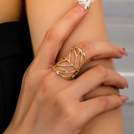 Cybche Vintage Hollow Large Leaf Ring Gold Adjustable Wrap Open Ring Minimalist Leaf Knuckle Finger Rings Irregularly Geometric Statement Leaves Rings Jewelry for Women