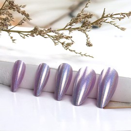 Press on Nails Medium Length Aurora Purple Fake Nails Oval Reusable Acrylic False Nails Coffin Full Cover Glue on Nails for Women Girl Daily Wear Valentines Appointment Press on Fake Nails 24Pcs