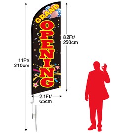 QSUM Grand Opening Swooper Flag, 11FT Windless Grand Opening Feather Flag with Aluminum Alloy Flagpole/Stainless Steel Ground Stake/Portable Bag, Grand Opening Signs for Business Advertising