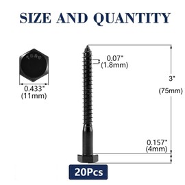 1/4" x 3" Hex Head Lag Screws Bolts 20Pcs 304 Stainless Steel 18-8, Partial Thread, Hexagon Head Wood Screws by Black Oxide by SG TZH