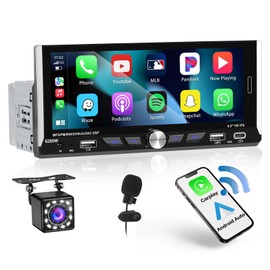 Hikity 1 DIN Car Radio Bluetooth with Wireless CarPlay & Android Car, 6.9 Inch Touchscreen Car Radio with Dual USB Ports Type-C Reversing Camera Remote Control Mic FM Radio