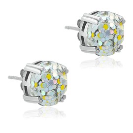 925 Sterling Silver Faceted Glitter Round Stud Earrings for Women, 10mm (White Glitter - Silver)