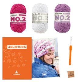 myboshi IGA Summer Hat Set Including No. 2 Wool, Needle and Instructions, Crochet Pack, 85% Cotton, 15% Kapok Pink with Crochet Hook