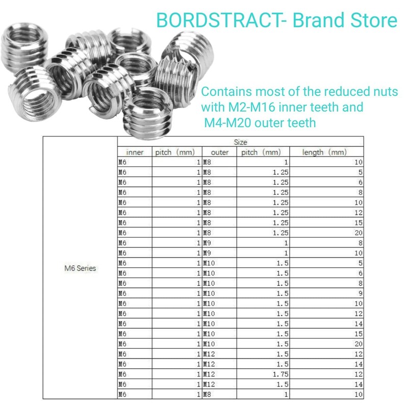 BORDSTRACT Threaded Insert Reducing Nuts, M6 x 1 M8 x