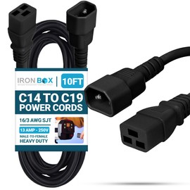 IronBox Electric C14 to C19 Power Cords - 13A, 250V, 16/3 AWG SJT - UL Listed Power Supply Cable - Heavy Duty Power Cord Extension for Computer, Monitor, PDU, Desktop, Audio and More (10 ft, Black)