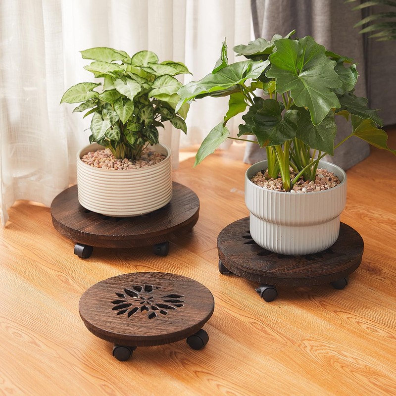 Wood Plant Stand Indoor,Plant Caddy with Lockable Wheels,Pot Stand,Rolling Plant