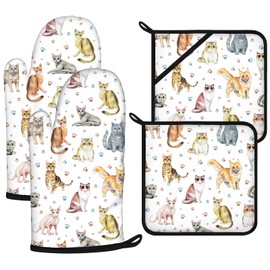 Cute Cats Oven Mitts and Pot Holders Sets 4Pcs,Extra Long Oven Gloves Potholder for Kitchen Cooking Baking BBQ 100% Cotton Heat Resistant