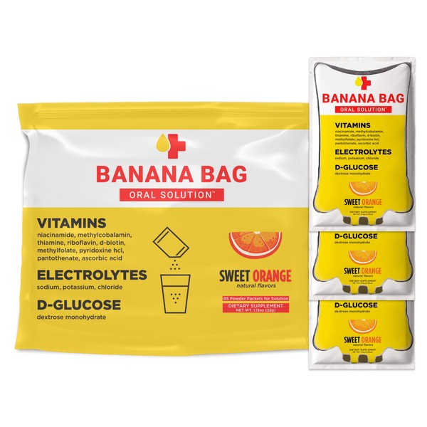 Banana Bag Oral Solution - Pharmacist Hydration Recovery Formula - Electrolyte & Vitamin Powder Packet Drink Mix - Sweet Orange - Pack of 5