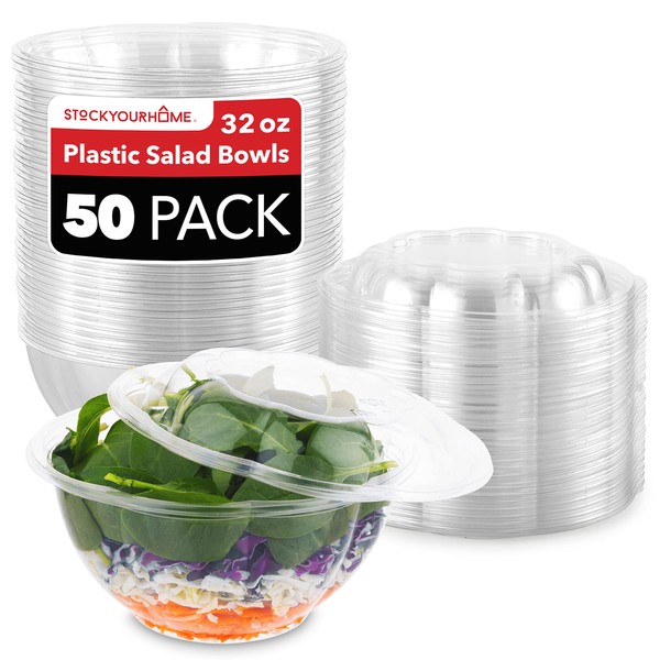 Stock Your Home 32oz Clear Plastic Salad Bowls with Lids Disposable (50 Pack) Medium Takeout Container with Snap on Lid for Fruit Salads, Quinoa, Lunch and Meal Prep, Acai Bowl, To-Go Party Containers