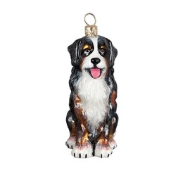 Joy To The World Bernese Mountain Sitting Dog Polish Blown Glass Christmas Ornament