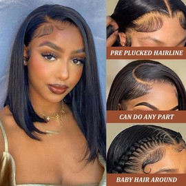 13x4 Lace Front Wigs Human Hair Bob Wigs for Women Human Hair Short Hair Straight Glueless Bob Wigs Human Hair Pre Plucked with Baby Hair 14 Inch Perruque Femme Humain Naturel