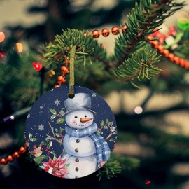 Navy Blue Snowman Christmas 2023 Christmas Tree Hanging Ornaments, 3" Round Double-Sided Ceramic Ornaments Decor Xmas Poinsettia Berry Snowflake