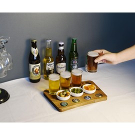Wooden Craft Beer Flight Board Tray w/Drink Glasses & Food Pairings, Rustic Serving Tray, Charcuterie & Cheese Board, Party Tray, Rustic Farmhouse Décor