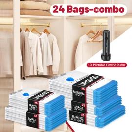 UPGOGO Combo 24 Pack Vacuum Storage Bags with Portable Electric Pump,Vacuum Seal Bags for Clothing,Space Saver Bags,Vacuum Travel Bags for Luggage
