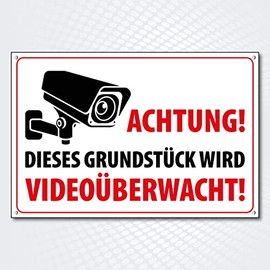High-Quality Sign Made of Aluminium Dibond "Achtung - Grundstück wird Videoüberwacht" 300 x 200 mm Rectangular Video Surveillance Property is Video Surveillance