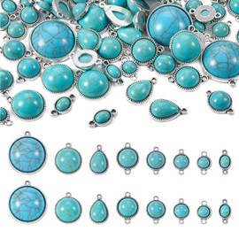 Pandahall 70Pcs Tibetan Style Teardrop Turquoise Connector Charms Round Bohemian Earring Charms Retro Antique Silver Western Link Charms for DIY Boho Necklace Jewelry Making