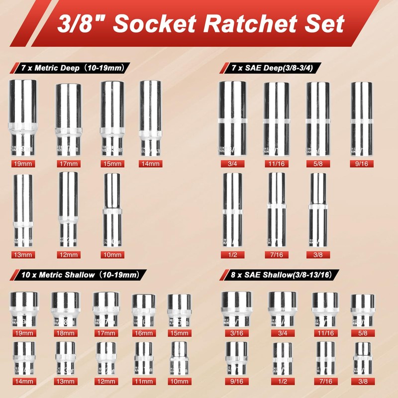 117 Pieces 1/4 and 3/8 inch Drive Socket Ratchet Wrench