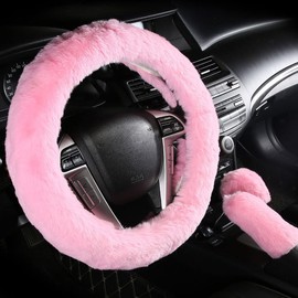 Cxtiy Fluffy Steering Wheel Cover 3 Pcs 1 Set with Handbrake Cover & Gear Shift Cover Soft and Warm for Car Steering Wheel Protector 15 inch (Light Pink)