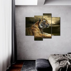 4 Panel Wall Art Tiger Looking and Sitting Under Dramatic Sky with Clouds Painting Pictures Print On Canvas Animal The Picture for Home Modern Decoration Piece Stretched by Wooden Frame,Ready to Hang