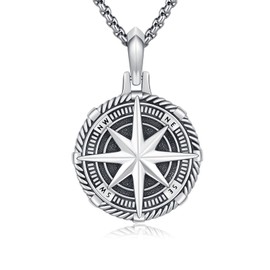OHAYOO Compass Necklace for Men and Women, 925 Sterling Silver Pendant with Stainless Steel Chain, Compass and Anchor Motif (23 x 23 mm), 50 cm + 5 cm Extension, Pirate Chain, Pirate Chain, Pirate of
