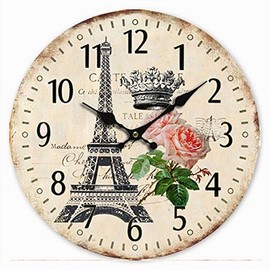 Telisha Wooden Wall Clock Paris French Eiffel Tower Rose Crown Clock Retro Vintage Large Clock Home Decorative Country Non -Ticking Silent Quiet 14 Inch Gift