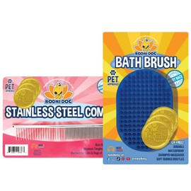 Bodhi Dog Stainless Steel Comb & Shampoo Brush - Bath & Shower Supplies for Dogs & Cats - Removes Shedding, Mats & Tangles - Pet Grooming Scrubber Bundle (Blue)