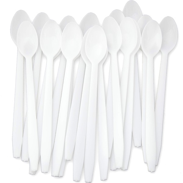 Extra Long, Sturdy White 8in Premium Sundae Spoons 500ct Heavy Duty Disposable Plastic Utensils for Ice Cream, Milkshakes, Tea and Floats. Best Stirring Spoon for Fun Cocktails and Tall Iced Beverages