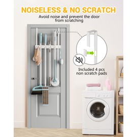 Lorbro Broom Holder Door Mount, Over the Door Broom and Mop Holder with 2 Over Door Hooks, Wood Broom Hanger, Tool Rack Organizer for Laundry, Garage, Closet, Kitchen Decor, 4 Slots & 4 Hooks Rustic