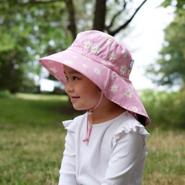 JAN & JUL Girls' Cotton Sun-Hat with Neck Flap, Beach Hat with Wide Brim for Babies (S: 0-6 Months, Pink Daisy)
