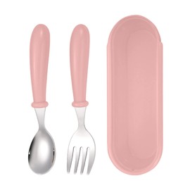 2 Piece Baby Tableware Set, Stainless Steel Portable Baby Spoon and Fork Set with Storage Box, Cute Baby Cutlery Set, Self-Feeding Dining Table Set for 6 People (Pink, One Size)