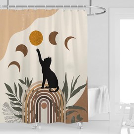 Kikiry - Cortina de ducha divertida para gato negro extra larga, 72 pulgadas de ancho x 84 pulgadas de largo, diseño abstracto moderno de mediados de siglo, color crema terracota bohemio, luz de la luna, tela de poliéster geométrica, impermeable, paquete