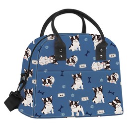 Clastyle Blue French Bulldogs Large Insulated Lunch Box Bag for Women, Pet Dog Lightweight Lunch Cooler Bag with Strap for Picnic Work Office