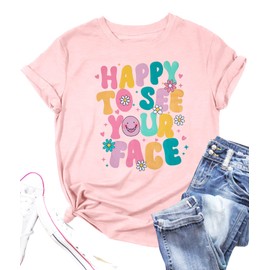 ALLTB First Day of School Shirt Happy to See Your Face Shirts Women Back to School T-Shirt Teacher Life Tee Tops Pink