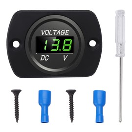 YIXISI DC 12V 24V Waterproof Car Voltmeter with LED Digital Display and Mounting Plate, Round Voltage Tester Gauge Meter with Terminals for Boat Marine Vehicle Motorcycle Truck ATV UTV, Green Light