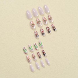 Christmas Press on Nails Short Artificial Acrylic False Nails Cute Elk Gingerbread Man Crutch Design Christmas Almond Fake Nails Full Cover Glossy Coffin Nails Nature Fit Glue on Nails for Women