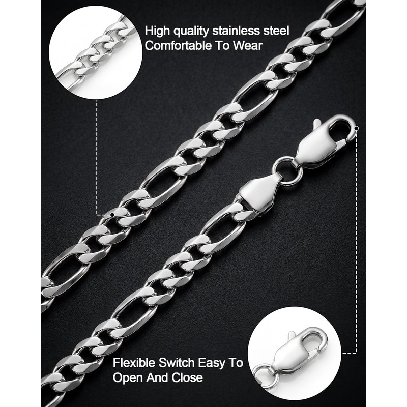 LuxGoth Stainless Steel Figaro Link Chain Bracelet Diamond-Cut Figaro Chain