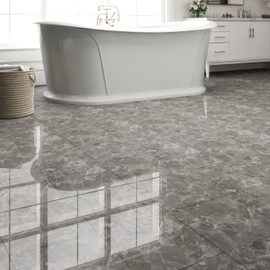 ZRJT 20-Pack 20 Sq.Ft Peel and Stick Floor Tiles Vinyl Polish Pattern Flooring, 12” x 12” Self Adhesive Vinyl Flooring DIY for Kitchen, Bathroom, Laundry, Polish Dark Grey Marble