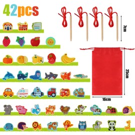 42Pcs Toddler Threading Toys, Wooden Montessori Toys for 2 3 Year Olds Girls Boys, Fine Motor Skills Toys for 5 Year Olds, Educational Learning Toys Gifts Toddler Threading Beads Crafts Activities