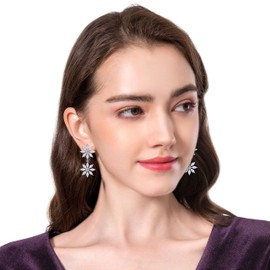 KristLand - S925 Sterling Silver Ear Pin Women Earrings Flower Drop With 5A Cubic Zirconia Jewelry/Wedding Gift for Ladies Girls Mum Wife Girlfriends, Sterling Silver
