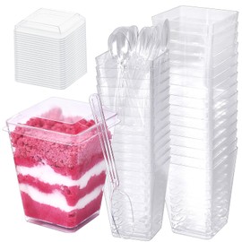 Fracurs 60 Pack Clear Plastic Dessert Cups with Lids and Spoons 5 oz Clear Parfait Appetizer Cups for Party, Mini Square Dessert Shooter Cups for Ice Cream Yogurt Pudding Mousse Fruit Trifle