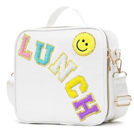 LOKFAR Insulated Lunch Bag Women Lunch Box Kids for Teen Girls Boys, Cute Preppy Lunch Boxes With Adjustable Shoulder Strap, Waterproof Nylon Lunchbox Lunch Bags for School Work Picnic (White)
