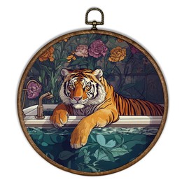 XBBMGG Maximalist Tiger Bathroom Wall Art Decor, Funny Tiger in the Bathtub Round Wall Hanging Decor, Retro Wild Animal Framed Canvas Prints for Restroom Washroom Shower Room Decorations,10x10