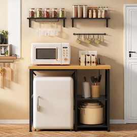 DWVO 5-Tiers Mini Fridge Cabinet with Storage and Wall Mounted Shelves, Farmhouse Kitchen Microwave Stand Baker Rack with Power Outlet, Utility Storage Shelf, Black