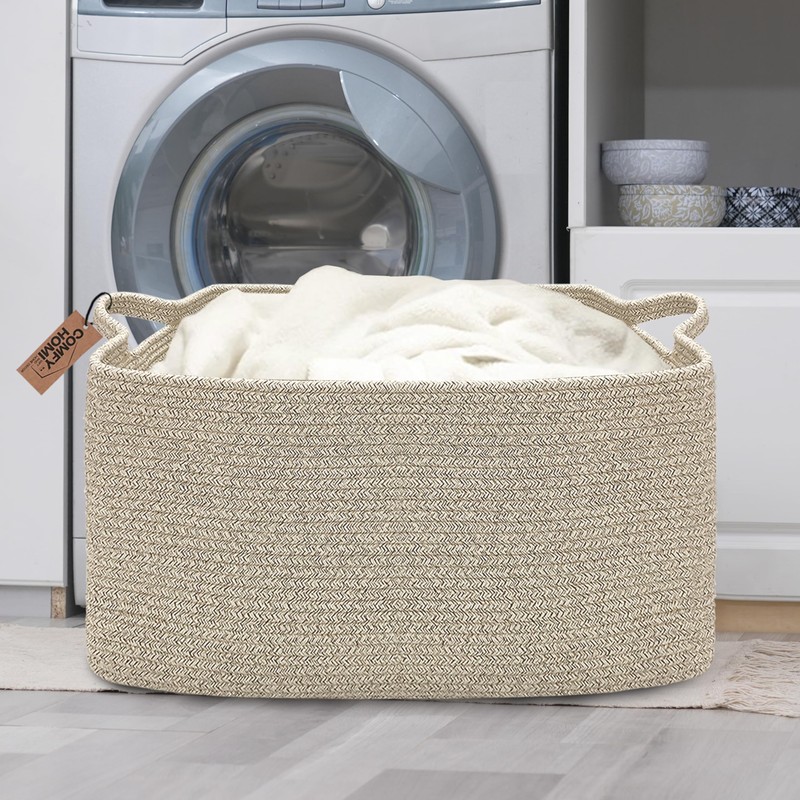 COMFY-HOMI Large Rectangular Blanket Basket, Woven Cotton Rope Baskets for