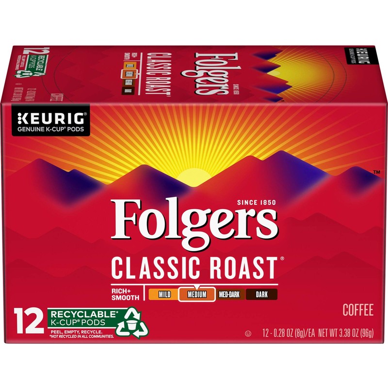 Folgers Classic Roast Medium Roast Coffee, 12 K Cups for
