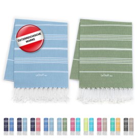 LeStoff Premium Hammam Towel (Set of 2) - 100% Organic Cotton - Prewashed, Sustainable, Absorbent & Quick Drying - Beach, Bath, Shower, Yoga, Spa & Travel Towel (95 x 180 cm, Light Blue - Olive)